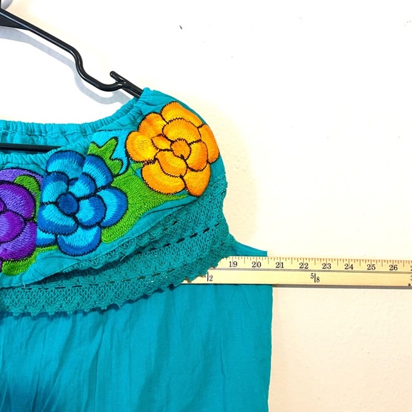 Embroidered Teal Mexican Style Sleeveless Off Shoulder Blouse Women's Size Med - Picture 7 of 8